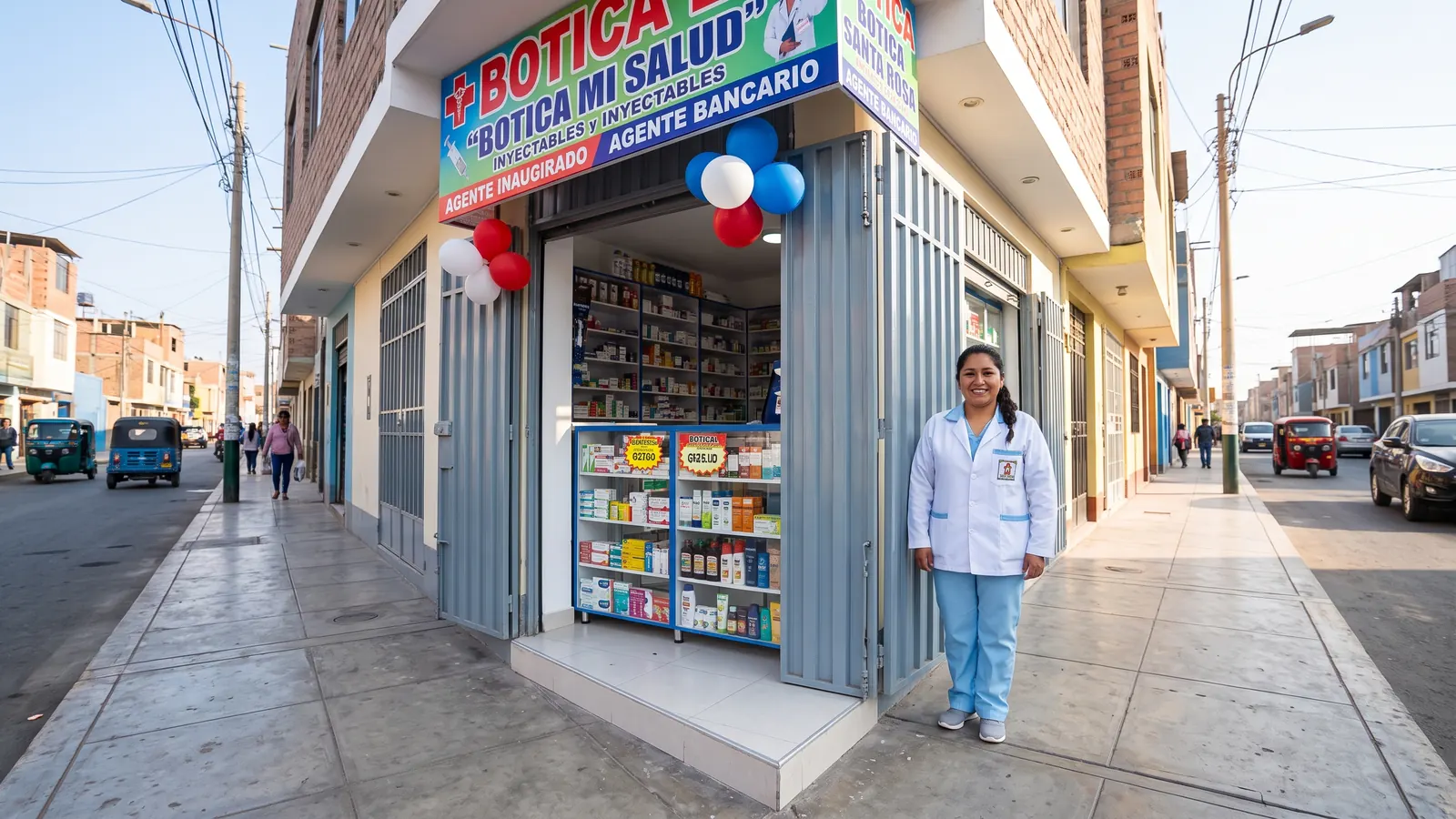 Químico farmacéutica sonriendo en la puerta de su botica recién inaugurada en una calle de Lima