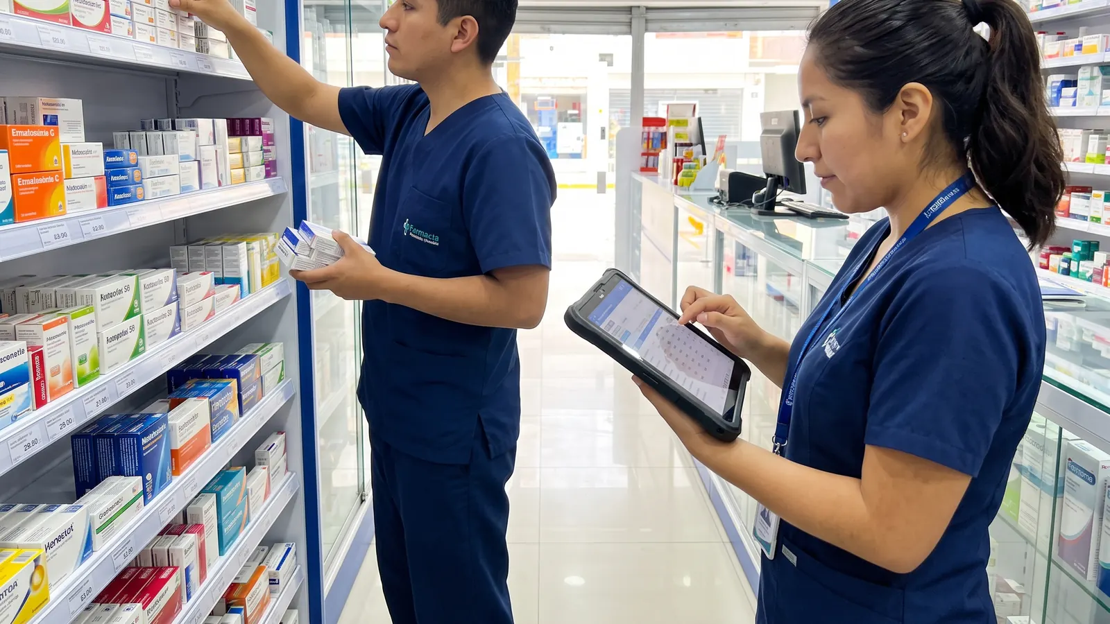 Dos técnicos de farmacia haciendo inventario: uno cuenta cajas y otra anota en una tablet