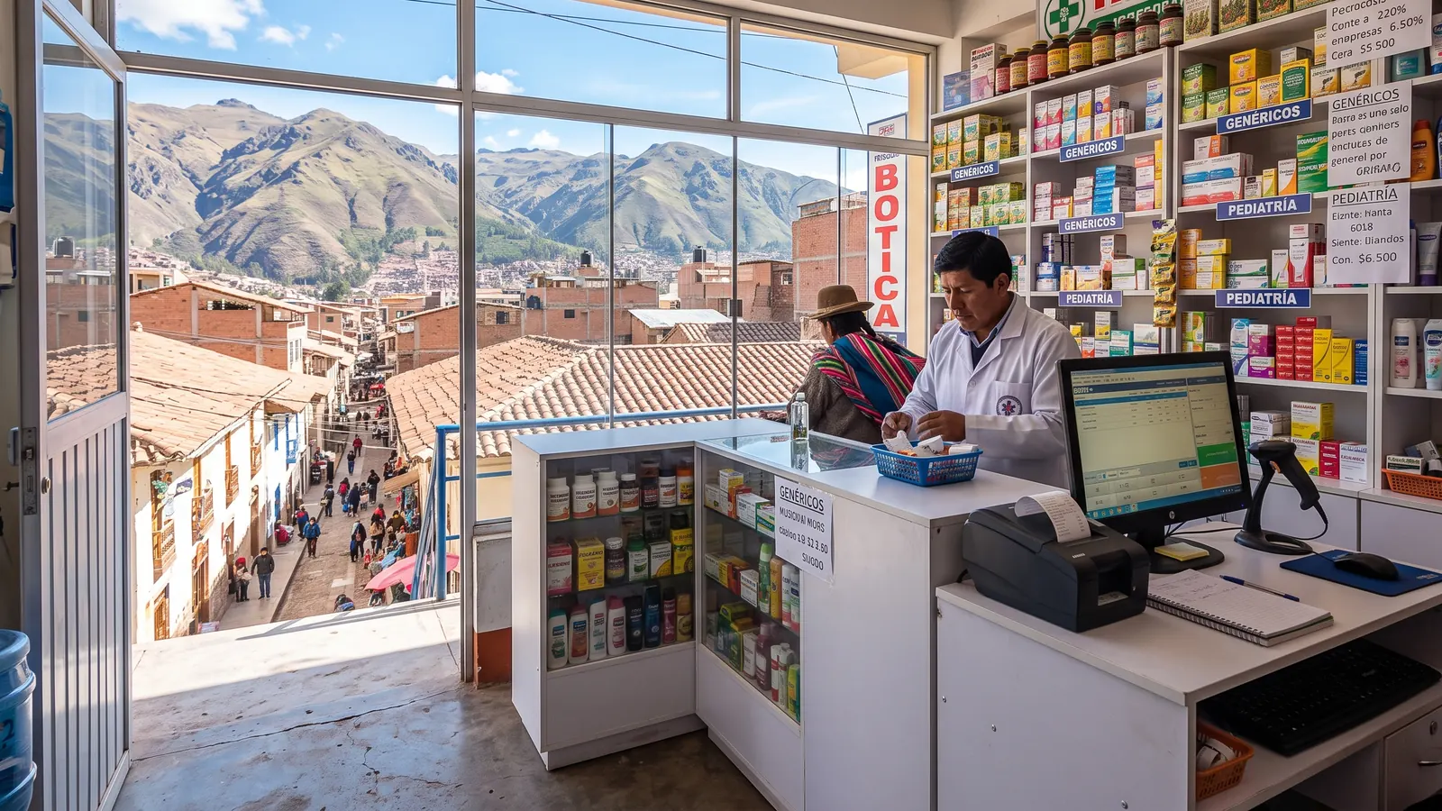 Botica en una ciudad de la sierra peruana con computadora e impresora de tickets en el mostrador
