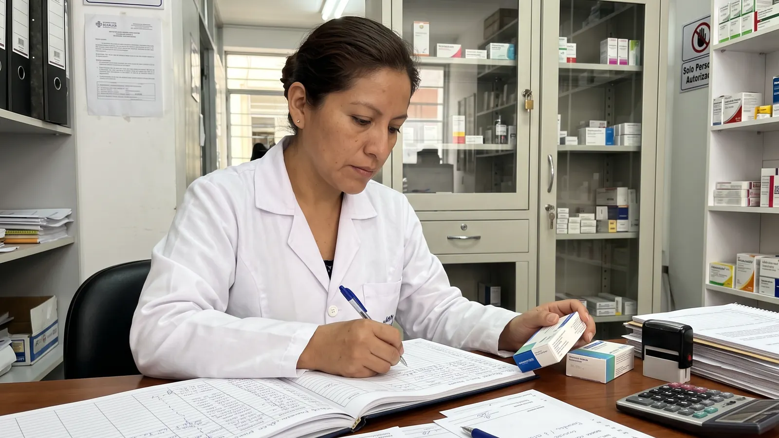 Químico farmacéutica anotando en el libro de control de psicotrópicos junto a recetas especiales