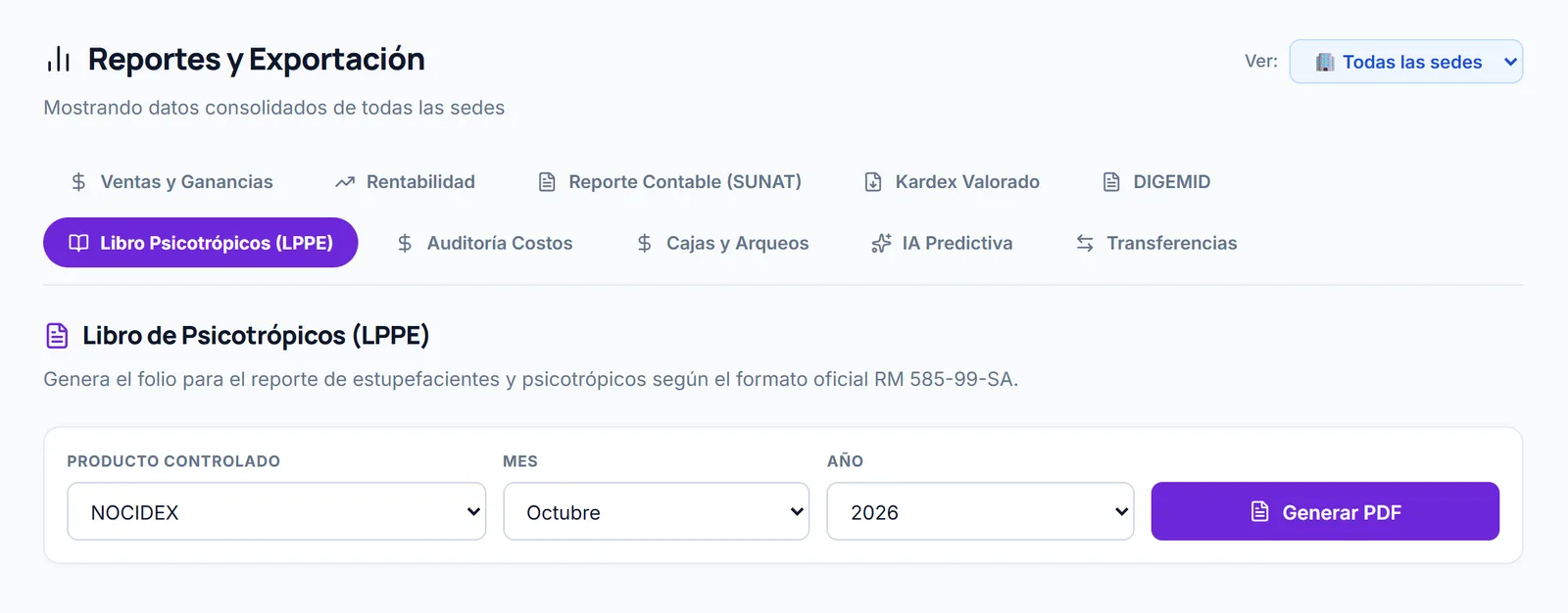 Pantalla de FarmaTec para generar el libro de psicotrópicos: producto controlado, mes y año