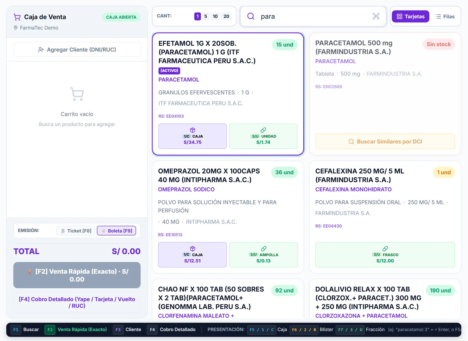 Punto de venta de FarmaTec con la opción de emitir ticket o boleta al cobrar
